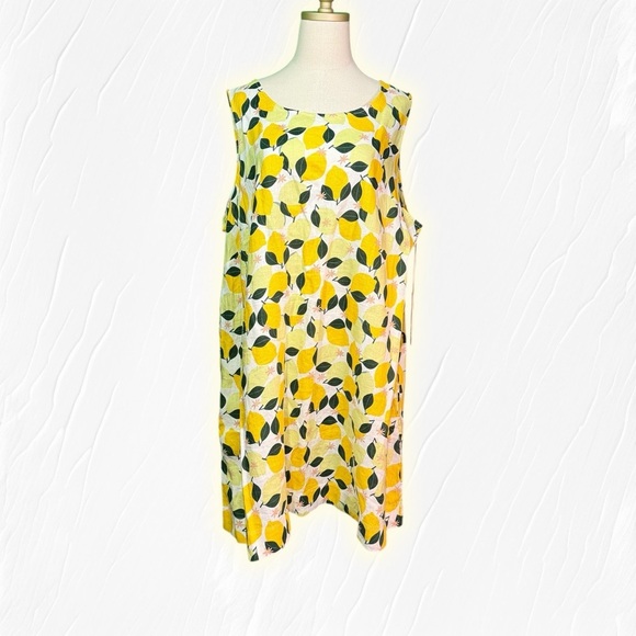 NWT C&C California 100% Linen Summer Lemon & Leaf Printed Shift Dress Size 2X - Picture 2 of 15